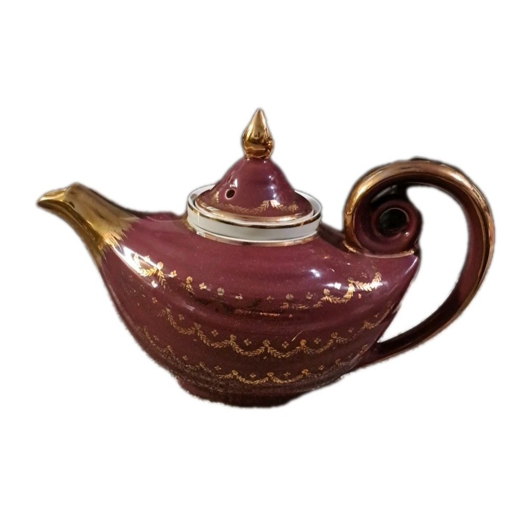 Vtg Hall Aladdin Teapot Gold Swag Maroon/Gold W/tea Strainer 6 Cup  Made USA